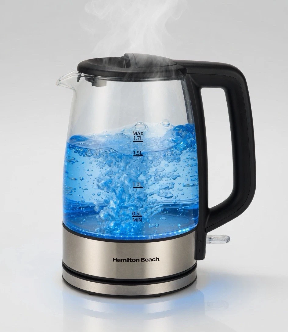 Hamilton Beach 1.7L Glass Electric Kettle-Blue LED Light,Fast Boiling,Stainless