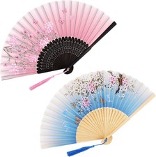 2 Pack Patterned Silk Folding Fans, Handheld Bamboo Fans with Floral Design,...