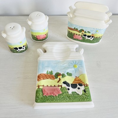 Cooks Club Inc Farmhouse Pig And Cow Napkin Holder, Egg Holder Shakers Set