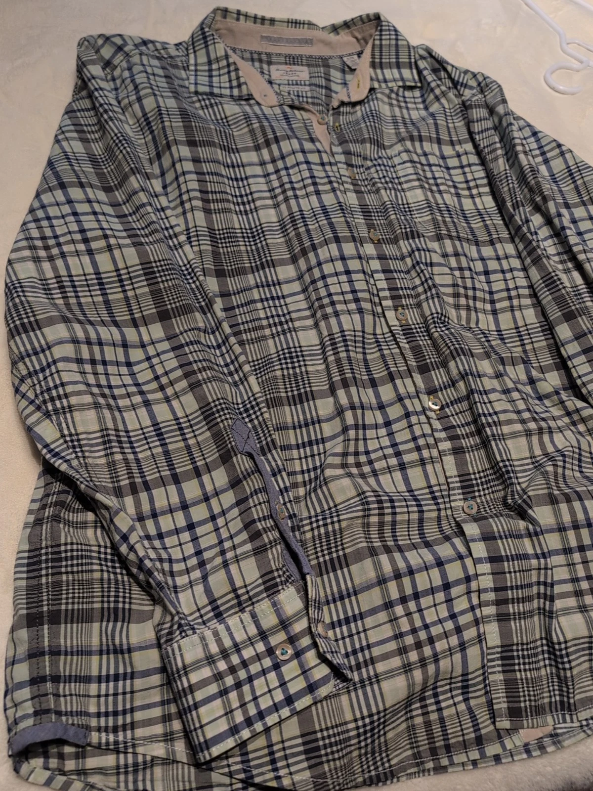 Tommy Bahama Shirt Mens XL Blue Check Flip Cuff Long Sleeve Button Up. Cotton.