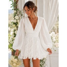New NBD Mini Dress XS White Metallic Clip Dot Ruffle Boho Bridal Romantic Party