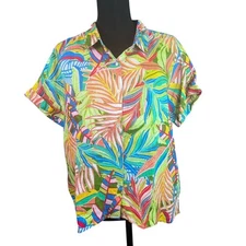 C&C California Top Womens Size L Linen Colorful Tropical Button Up Jungle Palms
