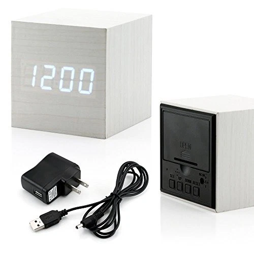White Wooden Digital Alarm Clock LED Small Square USB Charger Bedroom Office - Image 3 of 3