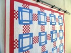 Vtg 30's 40's Square in Square w Red postage stamp Quilt hand stitched Red Blue — photo 6
