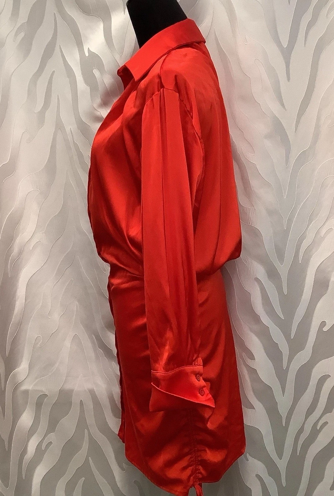 VALENTINO MABLE Abito Camicia Rosso Raso Bottoni Manica Lunga Increspato Lato Regolabile S