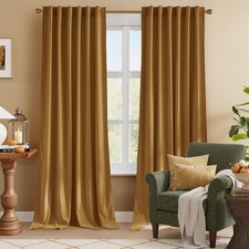 Extra Long Gold Brown Velvet Curtains 96 inches Long 2 Panels with Back Tab,