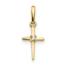14k Yellow Gold Round Cut Cubic Zirconia Children Cross Shape Pendant 0.16gm