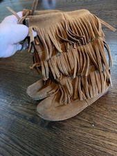 Minnetonka Fringed Boots Womans Size 7 Suede Leather Moccasins Copper Brown