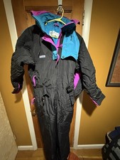 Columbia Ski Snowsuit L Black Blue Purple Hooded Nylon Unisex Adult Winter Suit