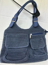 Blue To Handle Crochet Purse With Multiple Pockets. Shows Little Use.