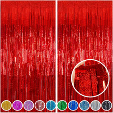 2pcs 3.2'x8' Red Tinsel Foil Fringe Curtains Backdrop, Sparkle Tinsel Backdrop