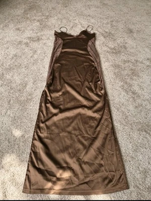 Gosmina Chocolate Brown Satin Lace Trim Maxi Slip Dress | Size S / UK 8–10 - Image 1 of 4