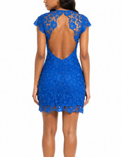 Lulus Romance Language Royal Blue Crochet Floral Open Back Bodycon Mini Dress M