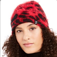 DKNY 36 NEW Red  Black Fuzzy Animal Print Beanie Cheetah Toboggan Hat Cap