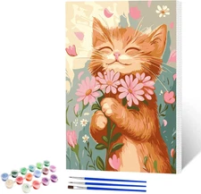 Cat Flower Paint by Numbers Kits for Adults Beginner with Wooden Framed, Color..