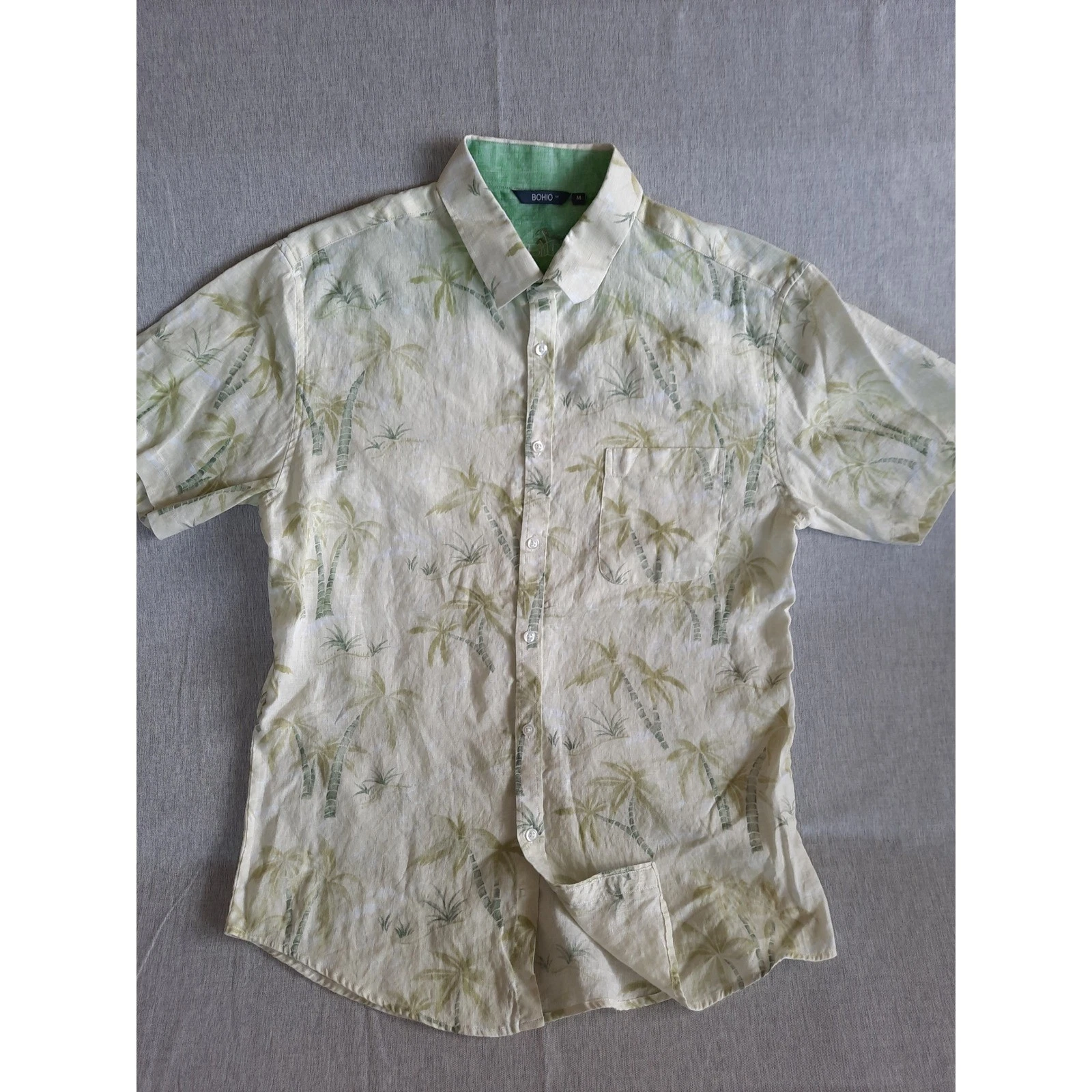 BOHIO Men Medium Cream/Green Lined Linen Summer Button's Shirt with Front Pocket