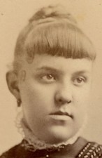 GIRL WITH BANGS AND BRIK A BRAC TRIMMED DRESS. CDV. PITTSBURGH, PA.