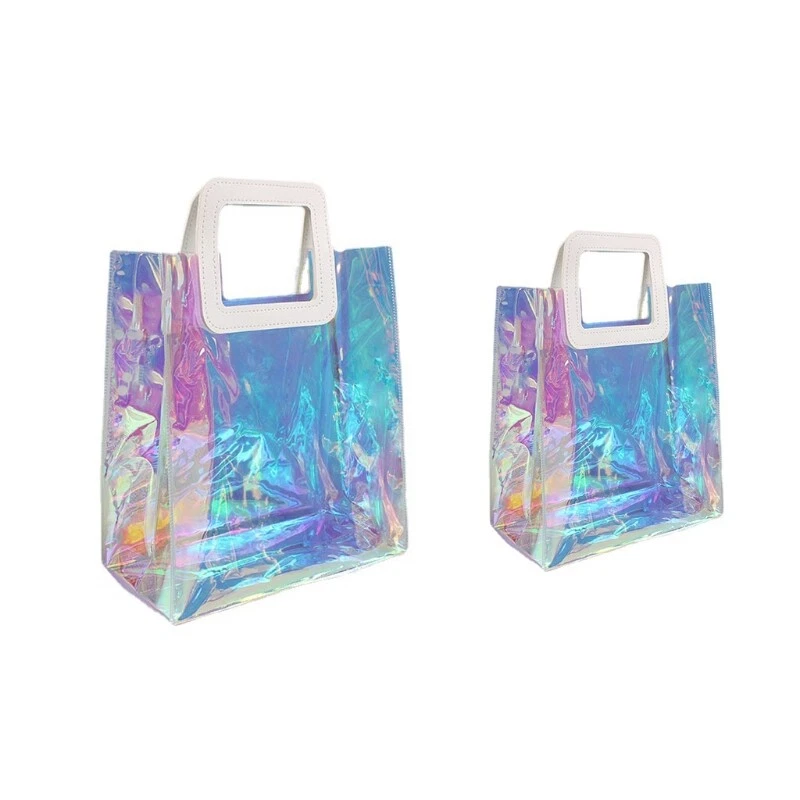 Clear Tote Bag Holographic Rainbow Work Shopping Bag Multi Use Shoulder Handbag