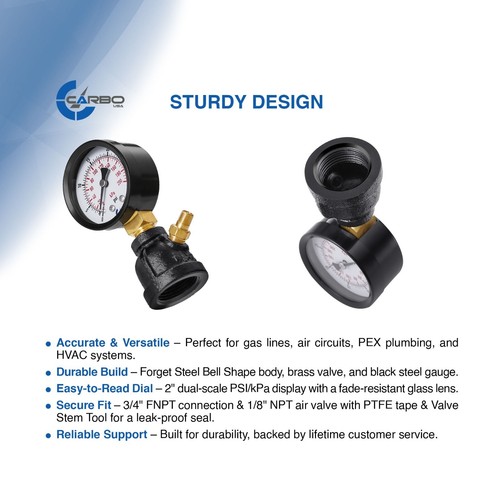 Gas Test Pressure Gauge 30 Pound, 30 PSI/200 kPa 3/4” FNPT Steel Bell Shape Body - Picture 3 of 6