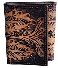 Mens Brown Leather Tri-fold Wallet Floral Tooled by Ranger Belt Company