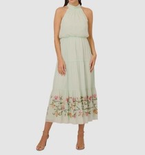 Adrianna Papell Women's Green Chiffon Floral Beaded Halter A-Line Dress Size 12