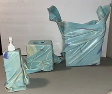 Vintage Blue Green Swirl Tissue Box Holder Soap Dispenser Trash Bin Bath Set Art