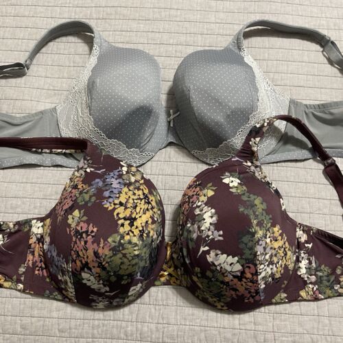 Cacique Full Coverage Bra Gray with White Polka Dot & Floral 38DDD Lot of 2