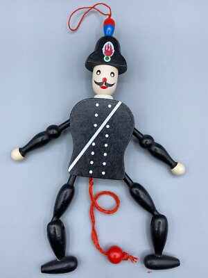 Vintage Firefighter Wood Jumping Jack Pull String Toy 9''