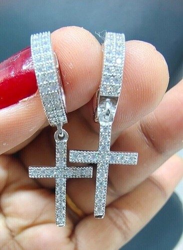 14k White Gold Men 1.50CT Lab Grown Diamond Cluster Drop Dangle Cross Earrings - Picture 8 of 15