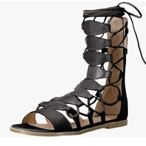 YDN Ankle High Gladiator Sandals for Women Lace up Open toe Flats Black Shoes