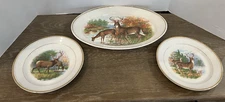 Vtg Dresden China Platter & 2 Dresden Plates with Deer Scenes from 1900s