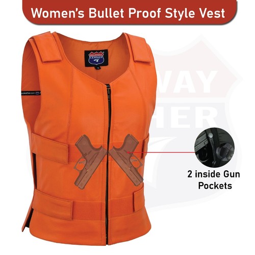 Women Orange Bullet Proof style Leather Motorcycle Vest biker Club Tactical Vest - Picture 8 of 9