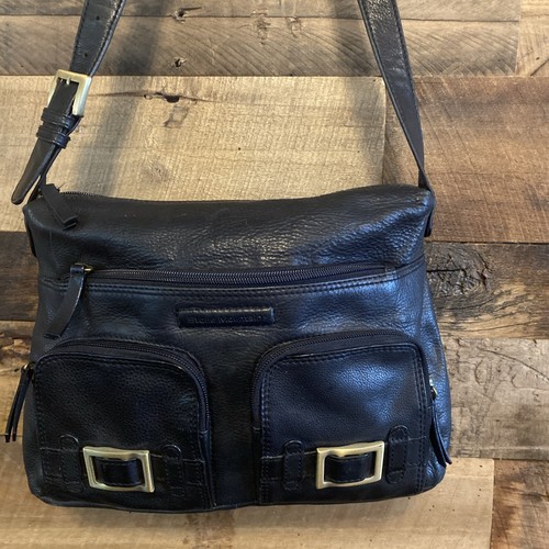 Stone Mountain Black Leather Adjustable Shoulder Hand Bag Brushed Gold Accents