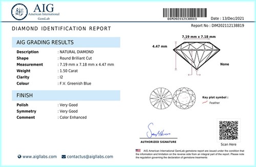 1,50 ct CERTIFICADO AIG FORMA REDONDA (7 X 7 MM) DIAMANTE AZUL VERDOSO GENUINO - Imagen 4 de 4