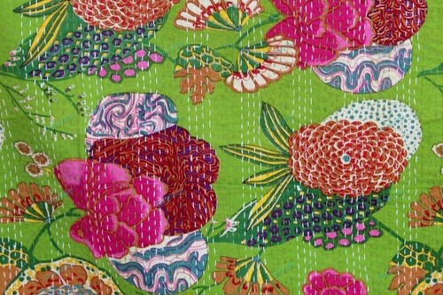 Wendbar Blumen Muster Kantha Decke Grün Doppel Decke Bohemian Bettläufer - Bild 5 von 11
