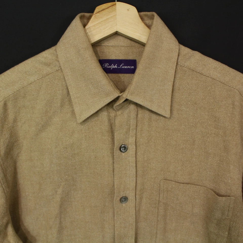 Camisa Ralph Lauren Etiqueta Púrpura Botón Talla M Franela Hombre Algodón Beige Foto 2 de 4