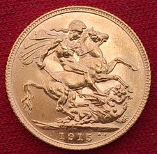 Gold Sovereign - aUNC - 1915 London King George V British Gold Coin 22ct 8g