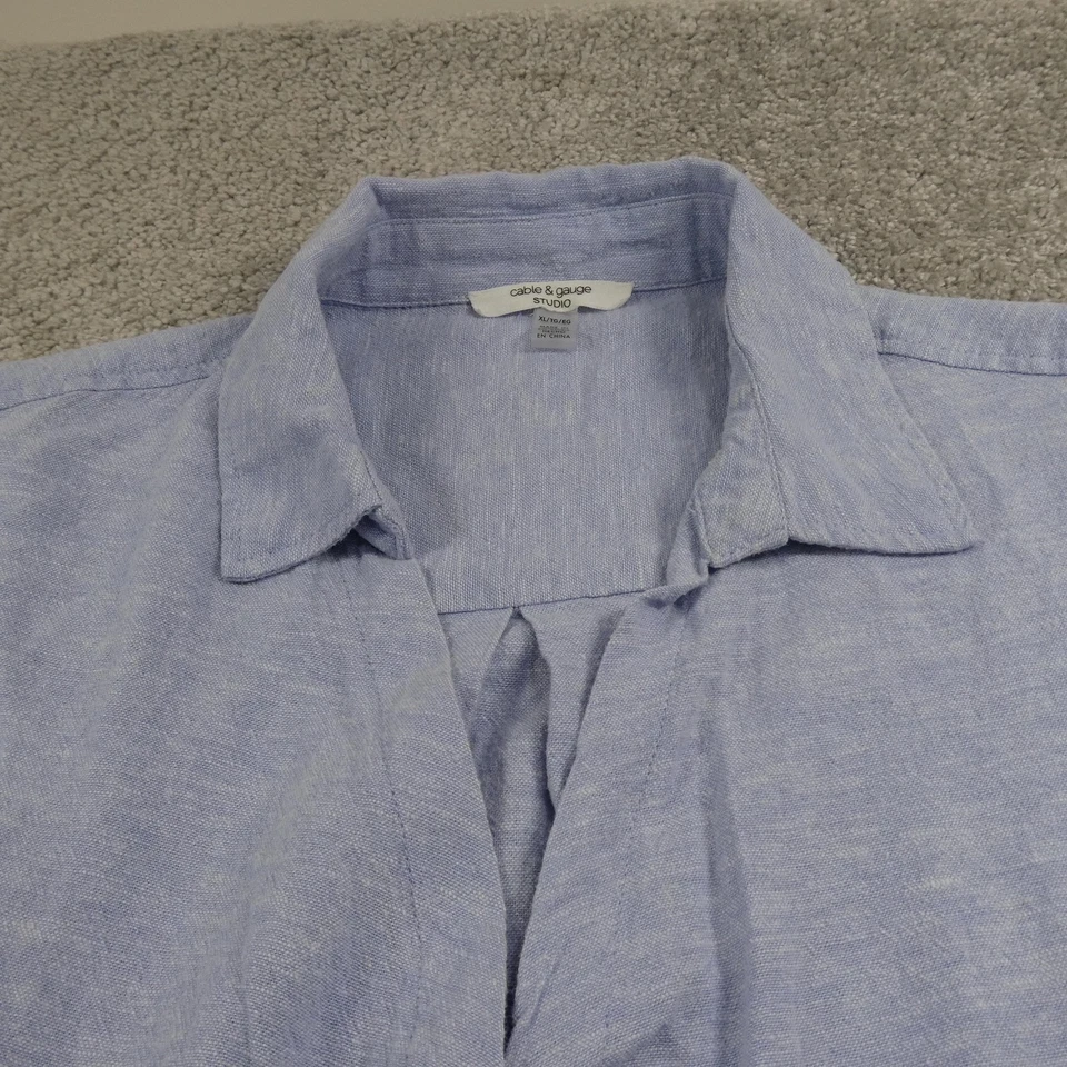Blusa de estudio Cable & Gauge para mujer XL azul mezcla de lino manga corta con cuello Foto 3 de 4
