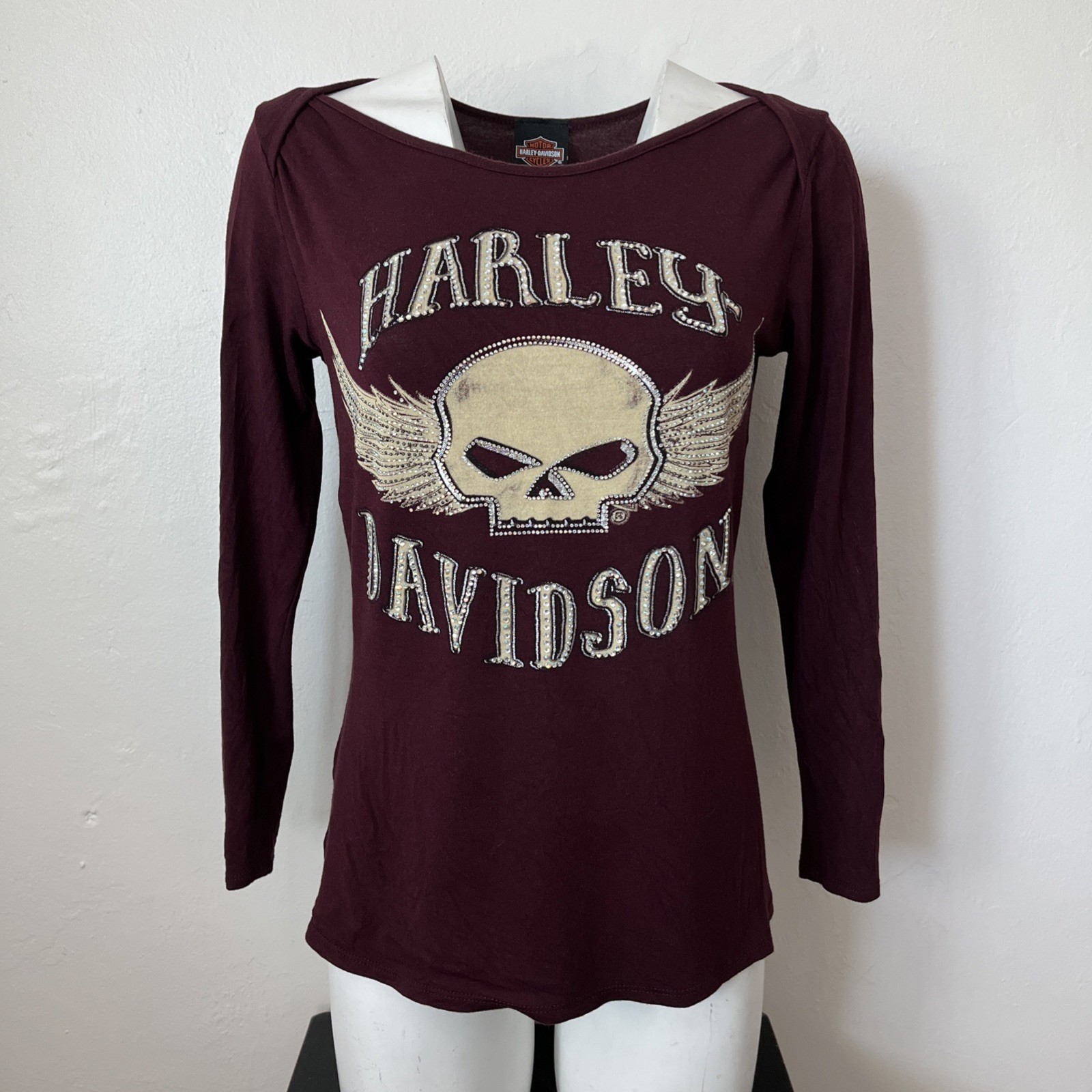 Harley Davidson Long Sleeve Shirt Womens L Rhinestone Graphic Winged Skull
