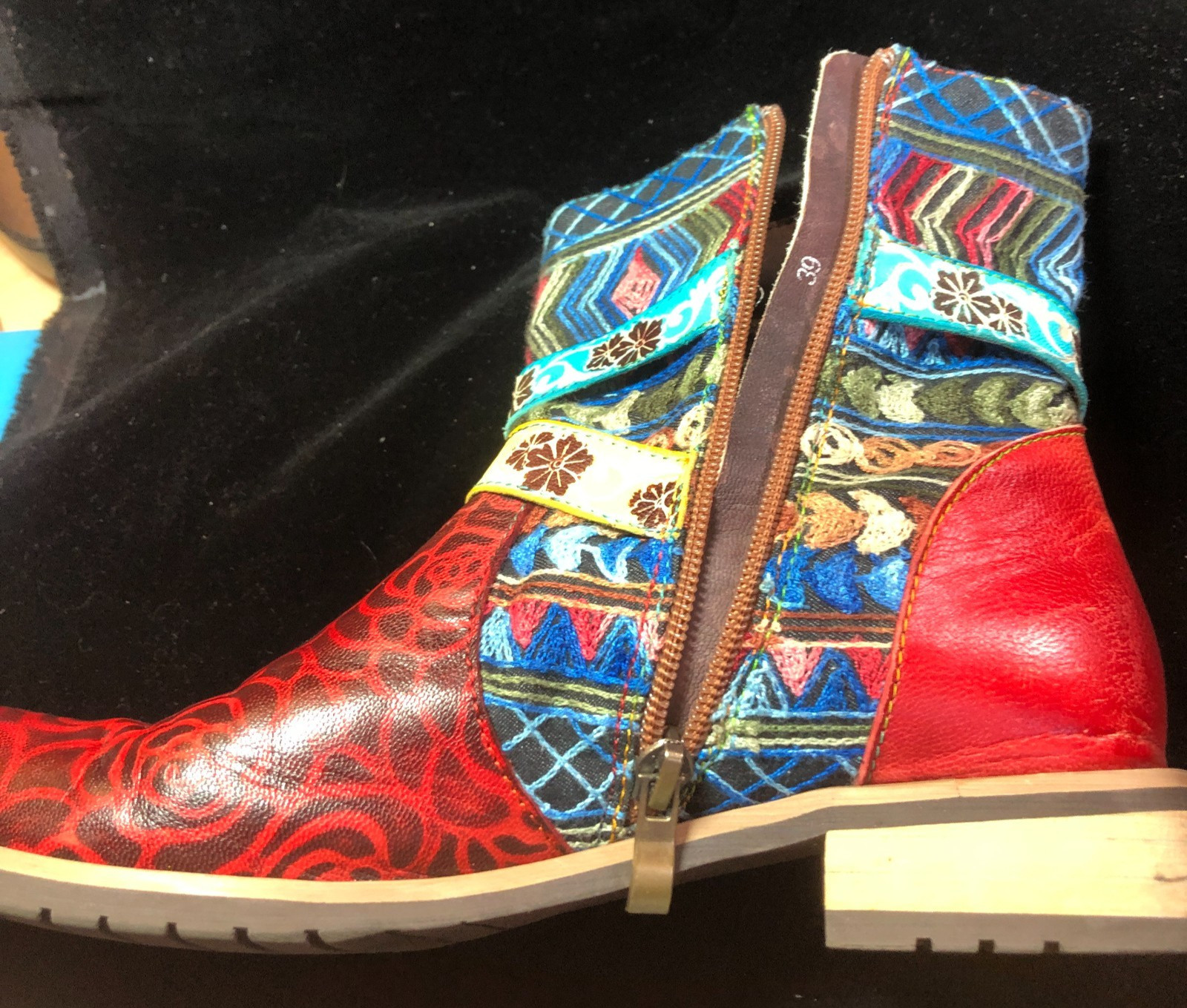 Boho Embroidered Patchwork Leather Ankle Boots Fl… - image 19