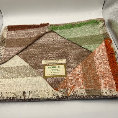 Vintage Irish Linen Woven Cocktail Set Table Mat 4 Napkins Brown Orange