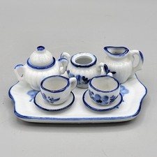 Miniature Blue  White Floral Porcelain Tea Set with Tray Dollhouse Collectible