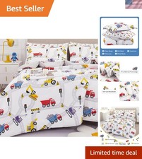 Kids Twin Bedding Set - 5 Piece Soft Microfiber Comforter with Excavator Design