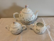 PRECIOUS MOMENTS Children’s Mini Teapot Set W/Creamer & Sugar 1993 Sam’l Butcher