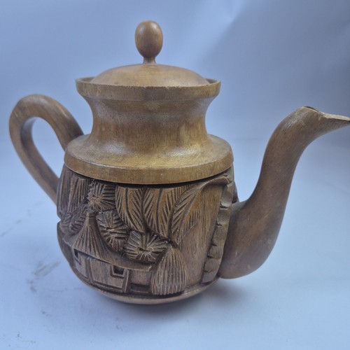 Vintage Genuine Monkey Pod Wood Tea Pot Hand Carved 7.5" tall