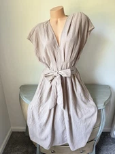 Max Studio V Tie dress Beige Khaki Ecru Tan Pockets Taupe $138 Cobbstne 4902x66