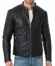 Cafe Racer Men Genuine Lambskin Leather Jacket 100 Real Biker Slim Fit Coat