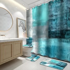 4 PCS Turquoise Green Abstract Modern Art Shower Curtain Set with Rugs Hooks