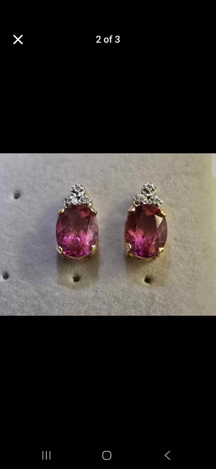 Conjunto de bisel Pendientes de turmalina rosa y diamantes talla ovalada en oro de 14k Foto 2 de 3