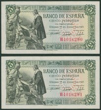 Spain: 2x Consecutive 5 Pesetas 1945 (P#129a, 1 letter, 7 digits serial) - UNC